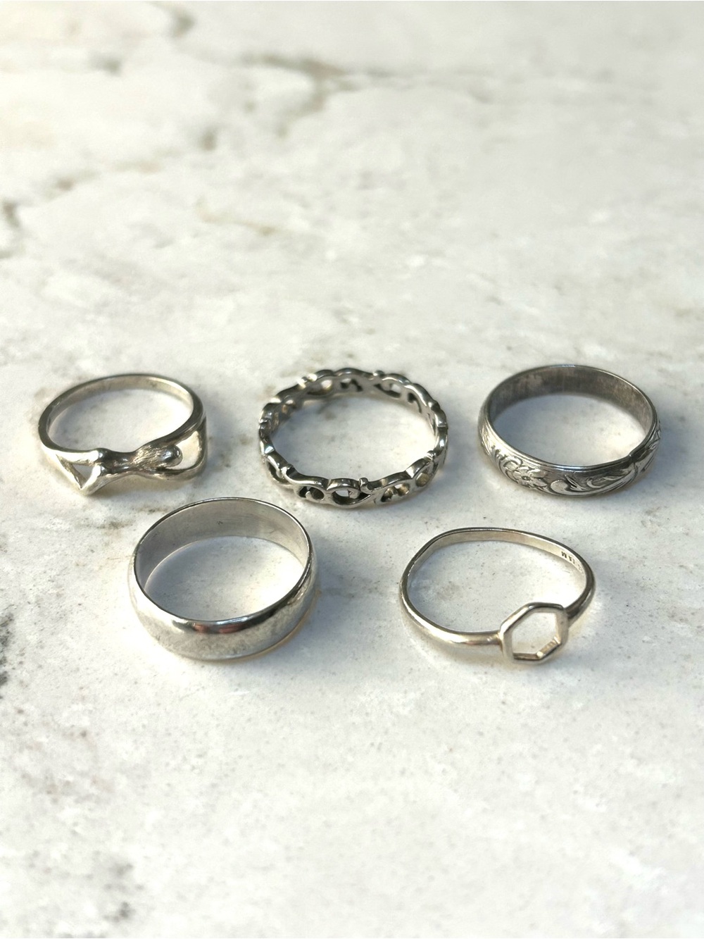 Sterling Silver Mixed Ring Set - Polished & Textured Silver Women's Rings